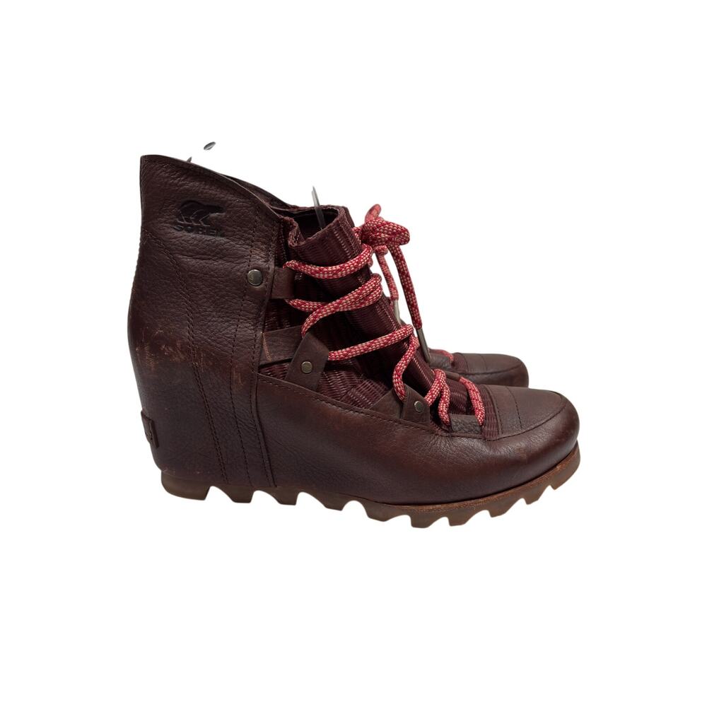 Sorel Sandy Wedge Boots Womens 8 Brown Leather Lace Up Waterproof